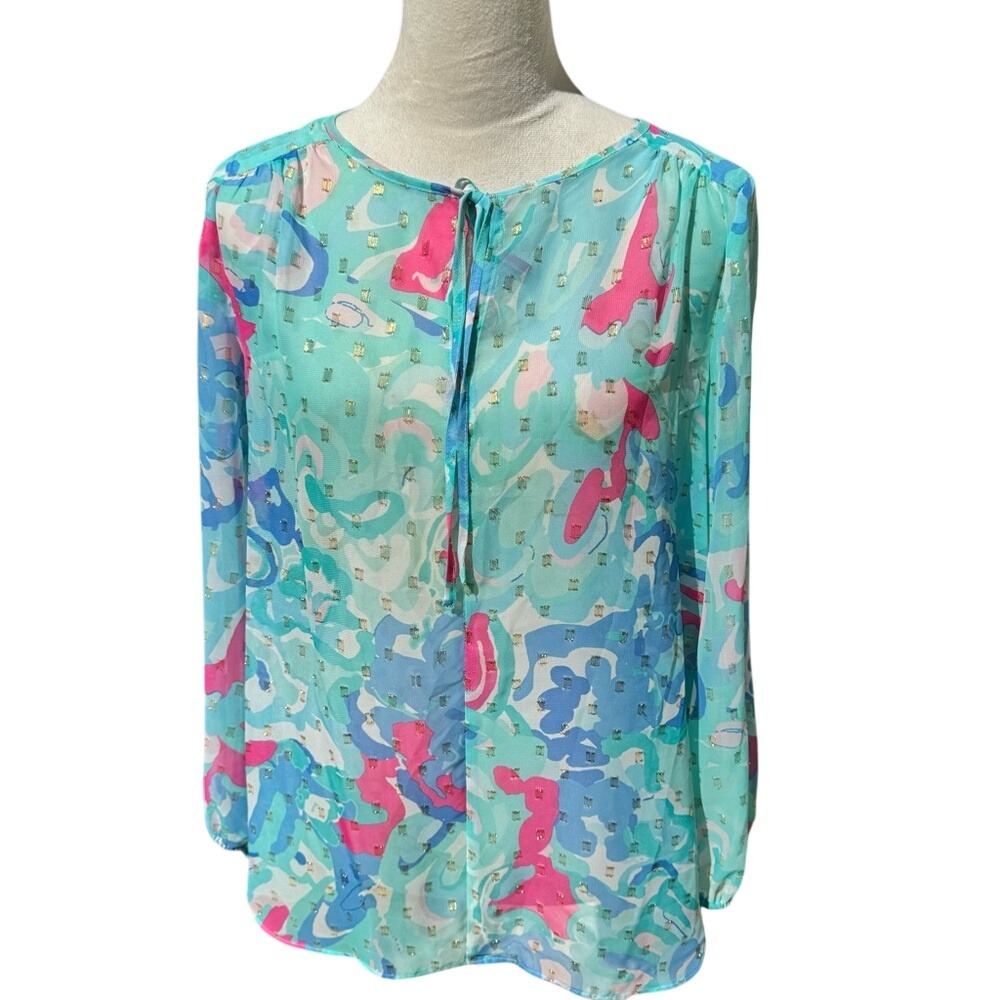 PETER NYGARD- SZ-8P. Beautiful Pink/Light Blue Blouse W/Gold Accents.Lon…